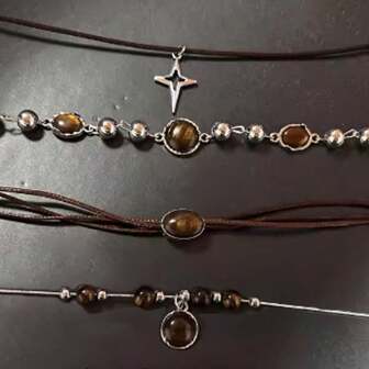 Vintage Leather Brown Stone Pendant Necklace Stacking Choker Temperament Clavicle Chain For Women Girl Autumn Winter Necklace