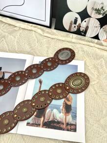 1pc Bohemian PU Leather Concho Cinch Waist Metal Studded Decor Belt, Versatile Accessory For Skirts, Pants, Suitable For Western Cowgirl, Y2K, Punk Style