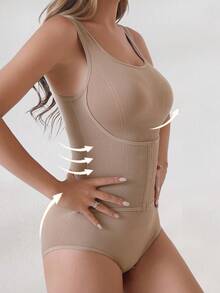 1 件女士修身塑身衣 - 腹部控制、腰部束紧和臀部提升，带钩的连体紧身衣 - 杏色 - 查看 3