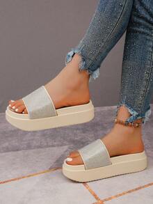 Pantuflas casuales bohemias con suela gruesa, con rhinestone de moda, para uso en interiores y exteriores - Beis - Ver 1