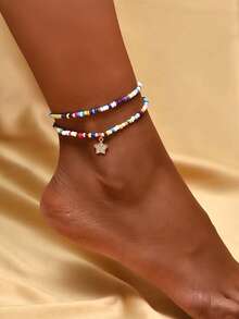 1pc Women's Fashionable European & American Resin Beaded Small Bead Rhinestone Pentagram Pendant Anklet, Bohemian Retro Elegant For Summer Daily Wear, Note: Bead Colors Are Random - Multicolor - View 1