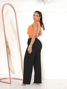 DUNA WOMEN'S PANTS WIDE LEG ELASTIC WAIST HIGH FUNCTIONAL POCKET Color Block Striped Casual Elegant Party Pocket Drawstring Knot - 黑色 - 查看 4