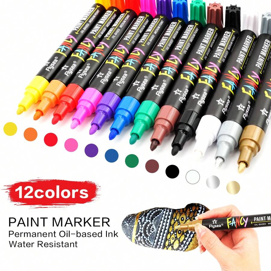 1 pieza Bolígrafo marcador de pintura, a prueba de agua y duradero, colores vibrantes, para retoques de pintura, marcador de neumáticos, bolígrafo para dibujar, 12 colores, apto para manualidades DIY, marcador permanente a base de aceite, coloración de modelos DIY, bolígrafo para grafiti, aplicable a vidrio, madera, plástico, metal y talla grande artículos escolares, vuelta al colegio