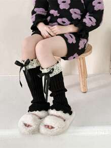 Fashion Retro Girls Ruffle Bow Knitted Long Sock, Warm Leg Warmers, Spring Autumn