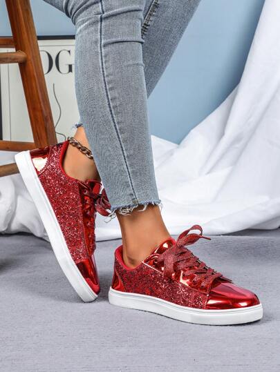 Red Sparkling Fashion Casual Low-Top Sneakers, Versatile For Streetwear, Commuting, Suitable For Holidays, Leisure, Performances, Weddings, Parties