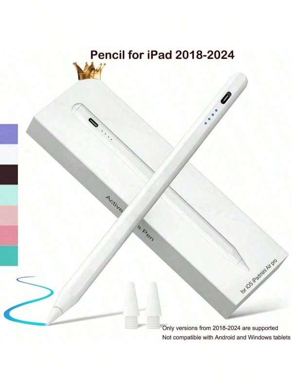 1 pieza Lápiz compatible con iPad 2018-2024, batería de iones de litio de 90 mAh, carga talla grande rápida, rechazo de palma, sensibilidad a la inclinación, compatible con Apple Pen, lápiz stylus compatible con iPad 10th /9/8/7/6th, iPad Pro 11/12.9/13/pulgada M4, iPad Air 3/4/5/M2, iPad Mini 5/6 [sin función de carga magnética]