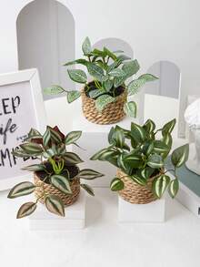 1/3件装人造藤编盆栽，薄荷叶、网叶、眉叶，3种款式，海草绳花盆，海草绳，绿色，PE和涤纶材质，桌面装饰，宿舍和办公室装饰，情人节，春夏家居装饰