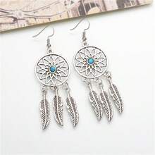 1 Pair Turquoise Leaf Pendant Earrings, Vintage Silver Turquoise Feather Dreamcatcher Pendant Necklace, Family Friend Gift, Metal