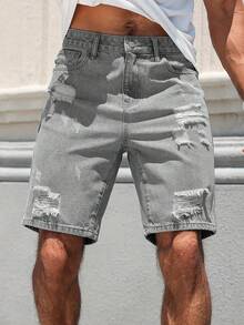 男士时尚做旧宽松休闲牛仔短裤 - 灰色 - 查看 5