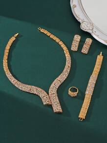 Parure de bijoux européenne et américaine de 4 pièces avec zirconium cubique vert : collier, boucles d'oreilles, bague, bracelet - convient pour la robe de mariée du Moyen-Orient, la mariée de Dubaï, la robe de soirée arabe