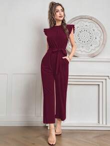 Mono capri naranja sin mangas para mujer xally 2302 informal, elástico, de pierna ancha, con detalles drapeados y volantes. - Burdeos - Ver 2