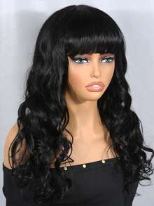 波浪假发带刘海真人发无蕾丝真人发带刘海无胶机织假发 180% 密度巴西处女真人发女士 - Natural Black - 查看 2