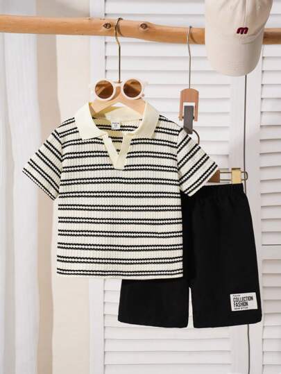 2pcs Boys Waffle Striped Polo Set 2025 - V-Neck Shirt & Shorts, Summer Outfit (Age 2-3,4-5,6-7Y)