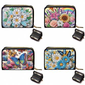 1 件/4 件花卉蝴蝶雏菊钻石画设计卡夹钱包，DIY 钻石画艺术套件，大容量，多插槽，拉链开合，时尚设计，节日和日常使用的完美礼物，简约卡片盒，耐用 PU 皮革，适合旅行和日常使用，女士复古双折短钱包，多个卡槽，身份证夹，创意节日装饰礼物和生日礼物的首选