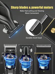 HIENA 三合一男士专业理发套装，包含电动理发器、刻字理发器、数码电动剃须刀、USB 充电式理容套装 - 最佳父亲节礼物
