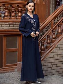 V-Neck Vintage Arabic Dress For Women, Navy Blue