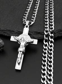 Collar de acero inoxidable con colgante de cruz de Jesús dorado/plateado con el emblema de San Benito para hombres