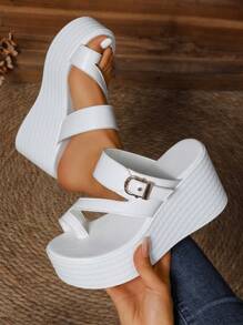 Sandálias de Plataforma e Cunha Decoradas com Tanga Multicolorida, Moda de Verão Feminina, Casual, Confortáveis para Férias, Combina com Vestido ou Calça, Clássicas, Bico Aberto, Respiráveis, em Couro PU