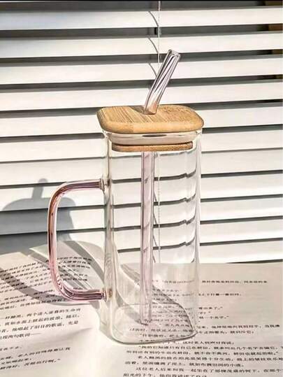1 pieza Taza de vidrio cuadrada de colores de 400ml con asa y tapa, taza de bebida fría de alta capacidad con pajita, taza de helado creativa, botella de agua, para uso al aire libre, camping