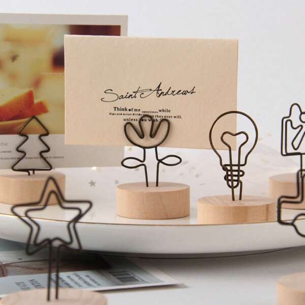 1pc New Japanese Style Creative Iron Wire Memo Clip, Wooden Base Vintage Business Card Holder, Message Clip, Home Decor Accessory, Photo Clip, Perfect Gift For Valentine's Day, New Year, Boyfriend, Parents,Back To School,School Supplies