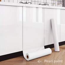自粘乙烯基墙纸卷，白色亮面砖石木纹风格，可拆卸防水装饰墙面装饰，直线图案，适用于厨房家具和橱柜 - 白色 - 查看 3