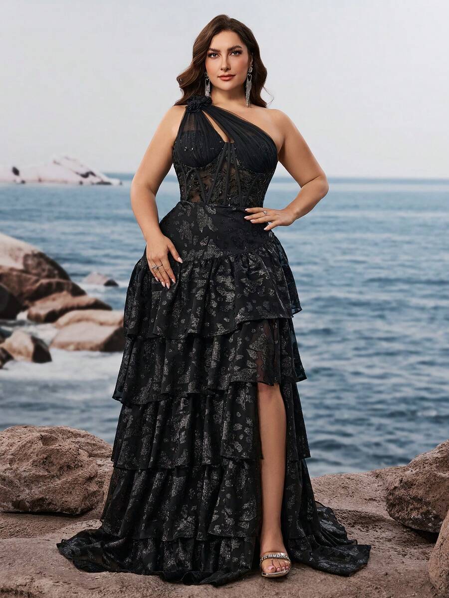 Vestido largo elegante y lujoso para mujer, talla grande, hecho a mano con bordado de flores 3D y lentejuelas en el hombro en diagonal, con abertura lateral y tirantes ajustables, adecuado para diferentes tipos de Body, que hace que las mujeres se vean talla grande jóvenes y encantadoras, apropiado para fiestas, graduaciones, bodas, eventos y diversos banquetes y fiestas de baile, vestido de fiesta formal, vestido de invitada de boda, vestido de noche (edición de lujo)