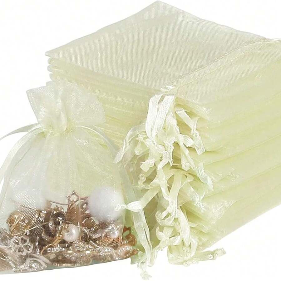 100pcs Plain Organza Drawstring Gift/Jewelry Bags - Beige - View 1