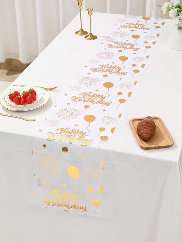 1Pc White Gold Birthday Table Runner,Golden Foil Balloons & Fireworks Pattern Table Cover,275*28cm Polyester Tablecloth,Happy Birthday Decorations,1st Birthday Party Decor,Birthday Celebration Supplies,Birthday Home Decor,Kitchen Decor,Table Decor,Bridal Shower Favors,Holiday Party Supplies