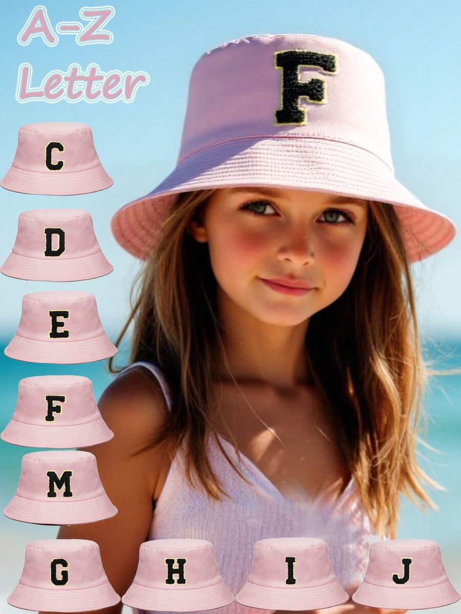 1pc A-Z Letter Bucket Hat, Unisex Baby Sun Protection Hat - Pink - View 1
