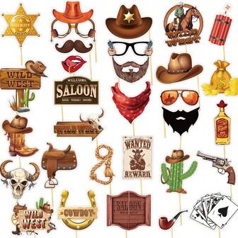 30pcs Western Cowboy Photo Booth Props Set, Paper Photography Props, Bandana Wild West Party Accessories Fun Farm Theme Selfie Props For Party, Birthday, Graduation, Western Cowboy Party Decorations Shower Party Decorations, Birthday Party Supplies