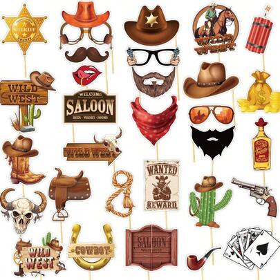 30pcs Western Cowboy Photo Booth Props Set, Paper Photography Props, Bandana Wild West Party Accessories Fun Farm Theme Selfie Props For Party, Birthday, Graduation, Western Cowboy Party Decorations Shower Party Decorations, Birthday Party Supplies