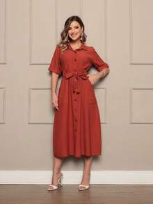 Dress Simple Casual Elegant Party With Belt Button - 亮橙色 - 查看 1