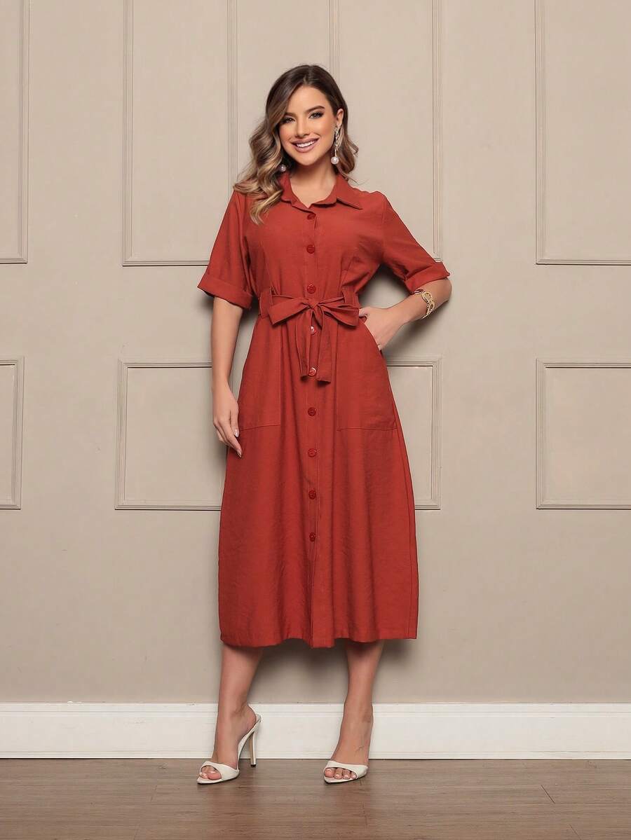 Dress Simple Casual Elegant Party With Belt Button - 亮橙色 - 查看 1