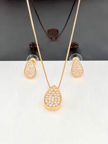 Refined Water Drop Necklace And Earrings Set, 18k Gold Plated Or 925 Silver, With  - Ideal Gift For Women - 金色 - 查看 2