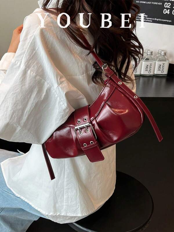 1pc Women's Retro Punk Riveted Adjustable Shoulder Strap Tote Bag, Soft Distressed Vegan Leather, Gradient Color, Large Capacity For Work, Commute, Date, Party