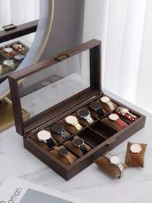1pc Elegant Wood Grain Leather Watch Storage Box With Glass Window For Stylish Watch And Bracelet Display, Perfect For Valentine's Day, Back To School, Christmas, And New Year Gift Giving, Ideal For Watch Collectors And Fashion Enthusiasts, Organize Your Timepieces With Class And Sophistication