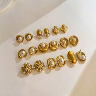 1 对女士不锈钢仿珍珠优雅环形耳环，百搭设计