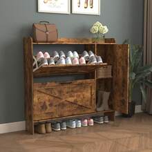 Shoe Storage Cabinet With 2 Flip Drawers, Freestanding Organizer With Metal Legs For Entryway, Narrow Shoe Rack Cabinet, Rustic Brown   WL