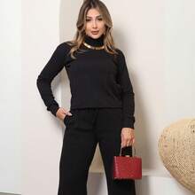 SILK ROUTE Women's Wool Set, Wide Leg Trousers And Turtleneck Blouse, Winter - 黑色 - 查看 10