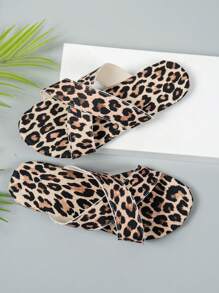 Women Yellow Flat Sole X-Cross Shoes, Sandals Summer Simple Leopard Pattern Wraparound, Slip-On Party Work Outdoor Open-Toe Beach