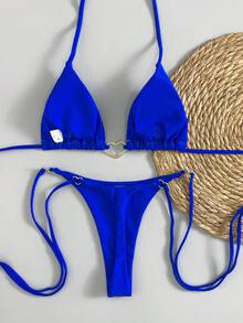 2025 New European & American Metal Decor Halter Push-Up Bikini, Brazilian Sexy Solid Color Splicing Swimsuit Set