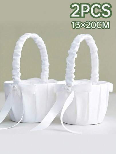 2 buc coșuri albe cu flori de nuntă cu mânere drăguțe cu funde din perle, coșuri cu flori din satin potrivite pentru ceremonie de nuntă, Crăciun, decor de perete, decorațiuni de Crăciun, ornamente, cadouri, coroane, Ziua Recunoștinței, decor pentru casă
