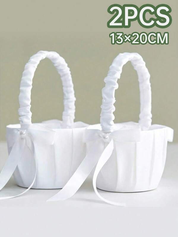 2 Stück weiße Hochzeit Blumenkörbchen mit süßem Perlengriff, Schleifen-Satinblumenkörbchen für Hochzeitszeremonie, Elfenbein