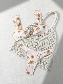 Women's New Fashionable 2pcs Set: Starfish & Coconut Tree Print Wide Strap High-Cut Briefs - Orange - View 4