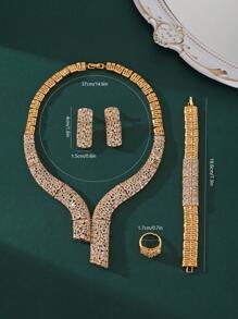 Parure de bijoux européenne et américaine de 4 pièces avec zirconium cubique vert : collier, boucles d'oreilles, bague, bracelet - convient pour la robe de mariée du Moyen-Orient, la mariée de Dubaï, la robe de soirée arabe