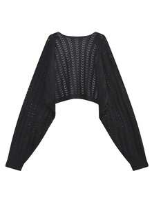 Women's Solid Color Loose Fit Lantern Sleeve Cardigan, Fashionable & Versatile Black Summer - Black - View 6