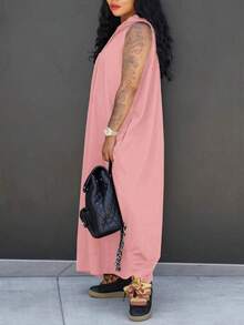 Women's Plain Drawstring Hooded Tank Dress, Casual Pocket Sleeveless Maxi Dress For Summer, Fashion Women's Clothing For Daily Wear - 藍色 - 查看 9