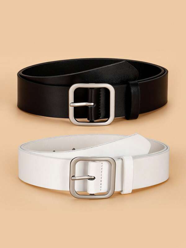 2pcs Solid Square Buckle Decorative Waist Belt, Versatile & Suitable For Daily Use, Women Summer, School