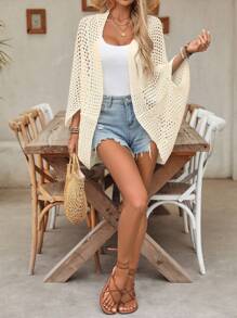 Cardigan de Malha Vazado Leve Feminino, Suéter Elegante de Praia e Verão Moderno, Jaqueta Fina de Frente Aberta, Primavera/Verão