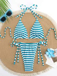 Conjunto de bikini sexy con estampado de rayas y escote halter para la playa de vacaciones